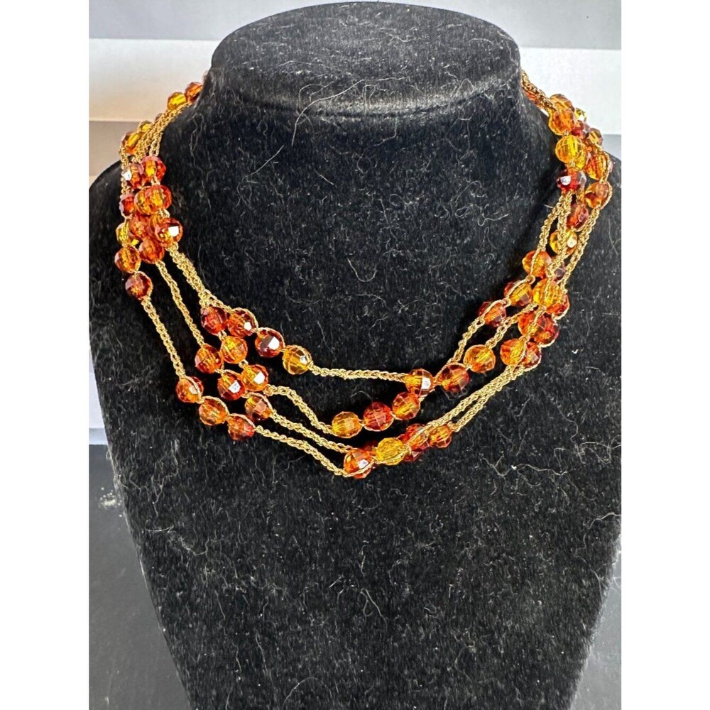 Handmade Continuous Necklace Gold Thread Brown Gold Beads Boho Endless Loop